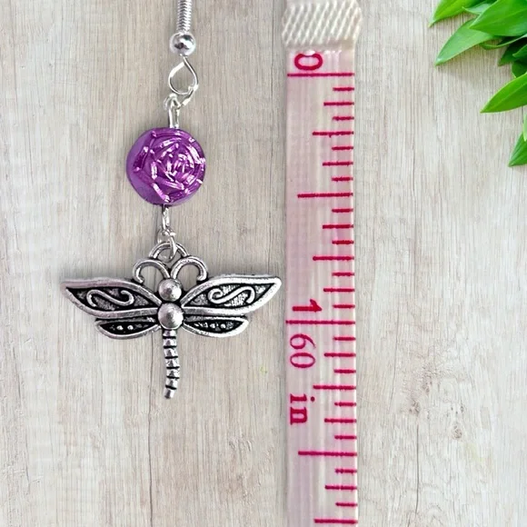 Hand Crafted Earrings Dragonfly ROSE Bead Dangle Silver Pierced Long - Picture 4 of 4